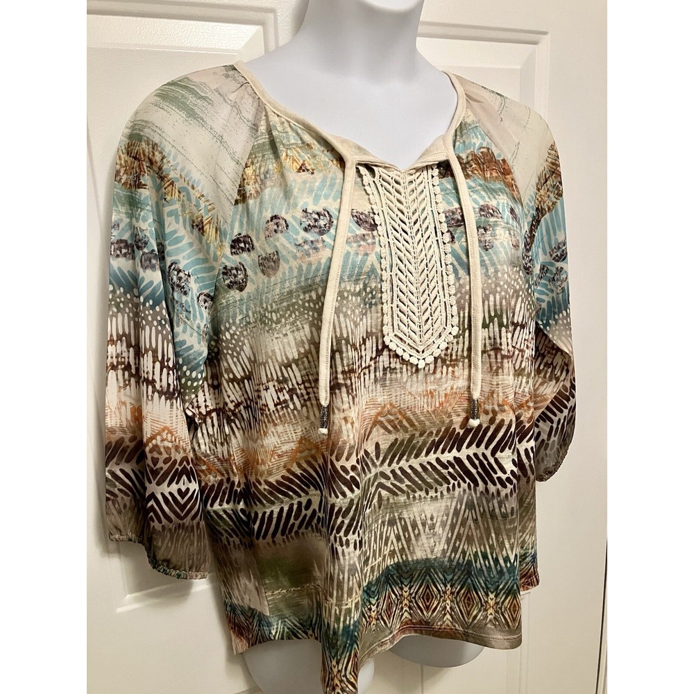 Chico's Women's Sz 2 Large Shirt Art to Wear Boho Brown‎ Tan Peasant Top Blouse - Picture 3 of 5